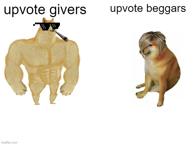 Buff Doge vs. Cheems Meme | upvote givers; upvote beggars | image tagged in memes,buff doge vs cheems | made w/ Imgflip meme maker