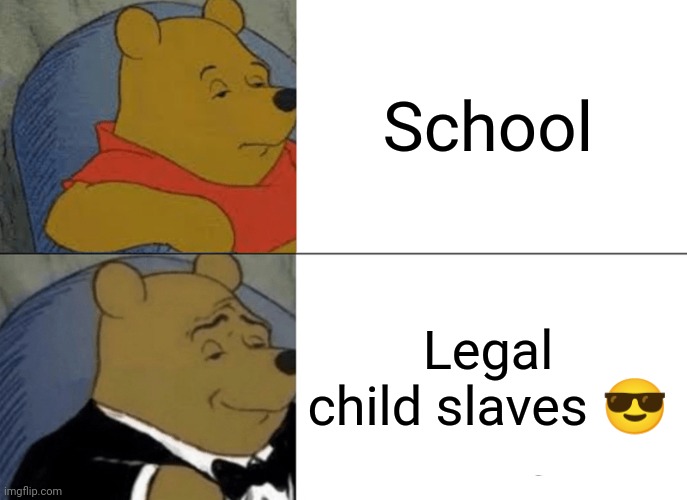Tuxedo Winnie The Pooh Meme | School Legal child slaves ? | image tagged in memes,tuxedo winnie the pooh | made w/ Imgflip meme maker