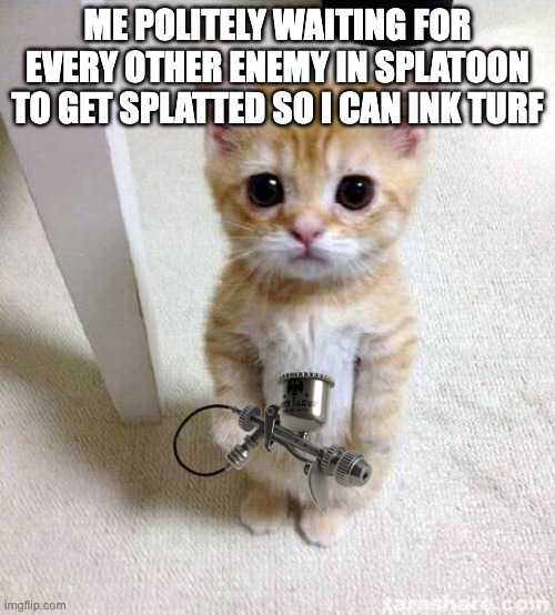 This is always me | ME POLITELY WAITING FOR EVERY OTHER ENEMY IN SPLATOON TO GET SPLATTED SO I CAN INK TURF | image tagged in memes,cute cat | made w/ Imgflip meme maker