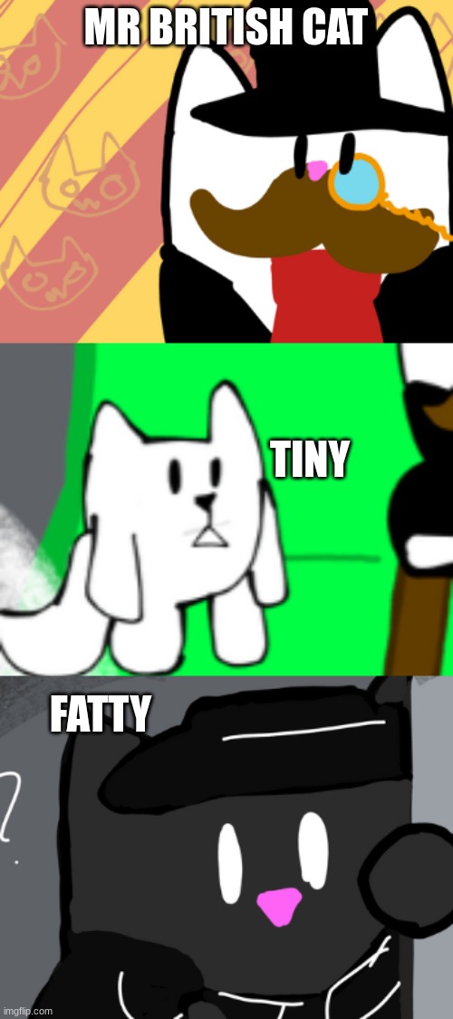 I made these cats with my friends (they were made for a assignment | MR BRITISH CAT; TINY; FATTY | image tagged in oh wow are you actually reading these tags | made w/ Imgflip meme maker