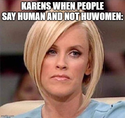 Karens need to chill | KARENS WHEN PEOPLE SAY HUMAN AND NOT HUWOMEN: | image tagged in karen,manager | made w/ Imgflip meme maker