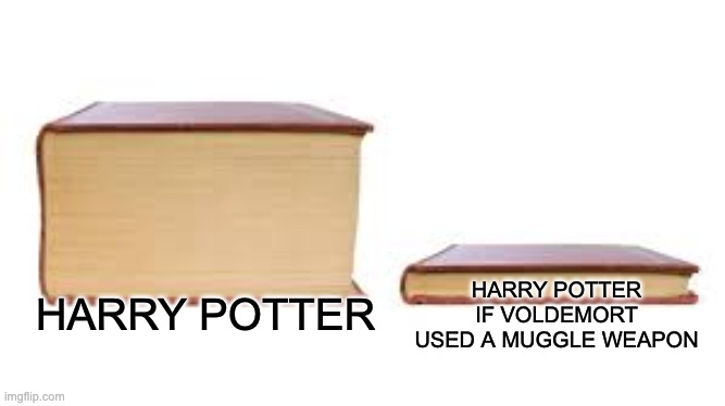 harry potter | HARRY POTTER; HARRY POTTER IF VOLDEMORT USED A MUGGLE WEAPON | image tagged in big book small book | made w/ Imgflip meme maker