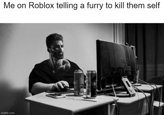 Gigachad On The Computer | Me on Roblox telling a furry to kill them self | image tagged in gigachad on the computer,gigachad | made w/ Imgflip meme maker