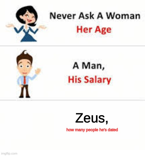 Never ask a woman her age | Zeus, how many people he's dated | image tagged in never ask a woman her age | made w/ Imgflip meme maker