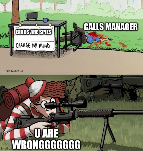 Waldo Snipes Change My Mind Guy | CALLS MANAGER; BIRDS ARE SPIES; U ARE WRONGGGGGGG | image tagged in waldo snipes change my mind guy | made w/ Imgflip meme maker