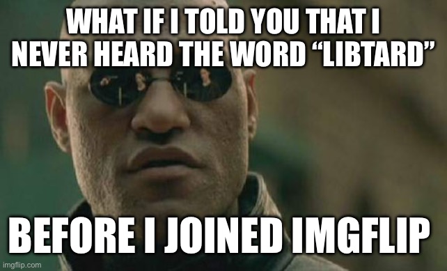Matrix Morpheus | WHAT IF I TOLD YOU THAT I NEVER HEARD THE WORD “LIBTARD”; BEFORE I JOINED IMGFLIP | image tagged in memes,matrix morpheus | made w/ Imgflip meme maker