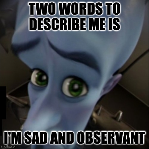 TWO WORDS TO DESCRIBE ME IS; I'M SAD AND OBSERVANT | image tagged in megamind | made w/ Imgflip meme maker