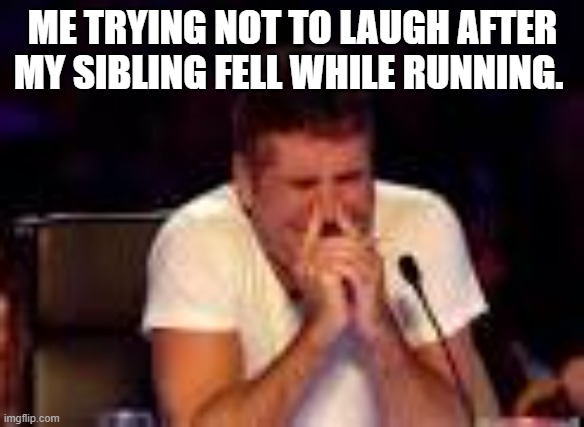 Trying not to laugh | ME TRYING NOT TO LAUGH AFTER MY SIBLING FELL WHILE RUNNING. | image tagged in trying not to laugh | made w/ Imgflip meme maker