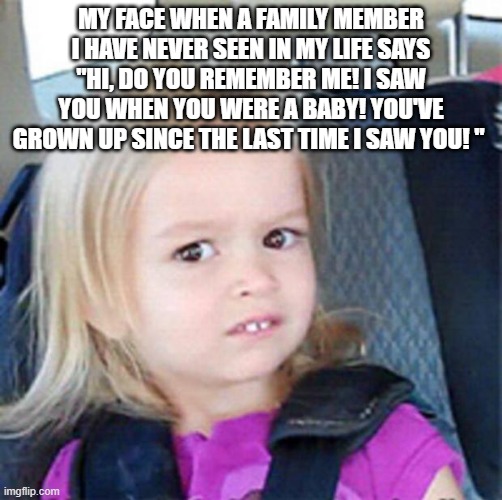 Confused Little Girl | MY FACE WHEN A FAMILY MEMBER I HAVE NEVER SEEN IN MY LIFE SAYS "HI, DO YOU REMEMBER ME! I SAW YOU WHEN YOU WERE A BABY! YOU'VE GROWN UP SINCE THE LAST TIME I SAW YOU! " | image tagged in confused little girl | made w/ Imgflip meme maker