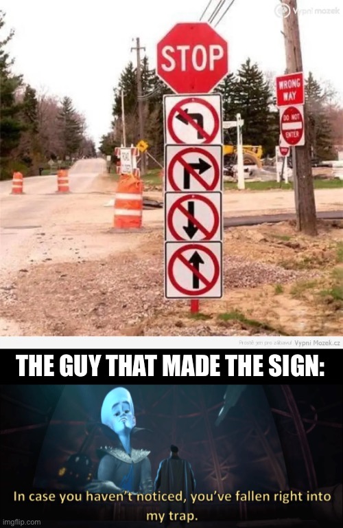 THE GUY THAT MADE THE SIGN: | image tagged in megamind trap template,memes,cursed,funny road signs,road sign | made w/ Imgflip meme maker