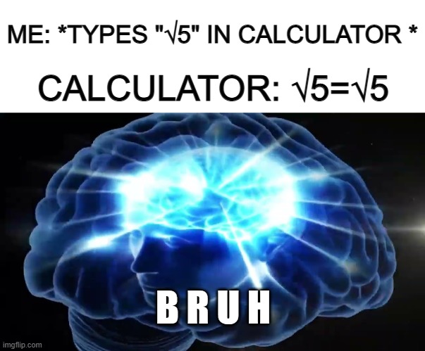 I paid $50 bucks for a calculator and its answering my question with the question I just asked XDDD | ME: *TYPES "√5" IN CALCULATOR *; CALCULATOR: √5=√5; B R U H | image tagged in blank white template | made w/ Imgflip meme maker