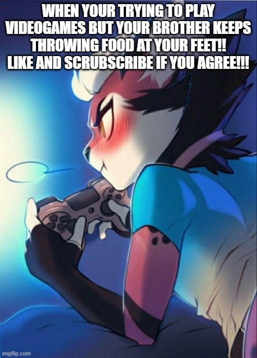 *blush* | WHEN YOUR TRYING TO PLAY VIDEOGAMES BUT YOUR BROTHER KEEPS THROWING FOOD AT YOUR FEET!! LIKE AND SCRUBSCRIBE IF YOU AGREE!!! | image tagged in blush | made w/ Imgflip meme maker