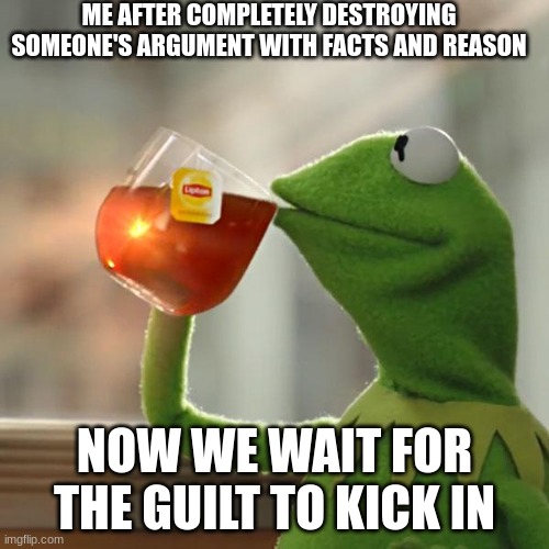 Anyone else? | ME AFTER COMPLETELY DESTROYING SOMEONE'S ARGUMENT WITH FACTS AND REASON; NOW WE WAIT FOR THE GUILT TO KICK IN | image tagged in memes,kermit the frog,guilt,argument,kermit sipping tea | made w/ Imgflip meme maker