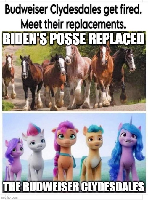 Budweiser Replacements | BIDEN'S POSSE REPLACED; THE BUDWEISER CLYDESDALES | image tagged in budweiser replacements | made w/ Imgflip meme maker