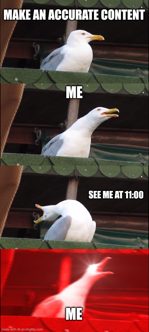 Inhaling Seagull | MAKE AN ACCURATE CONTENT; ME; SEE ME AT 11:00; ME | image tagged in memes,inhaling seagull | made w/ Imgflip meme maker