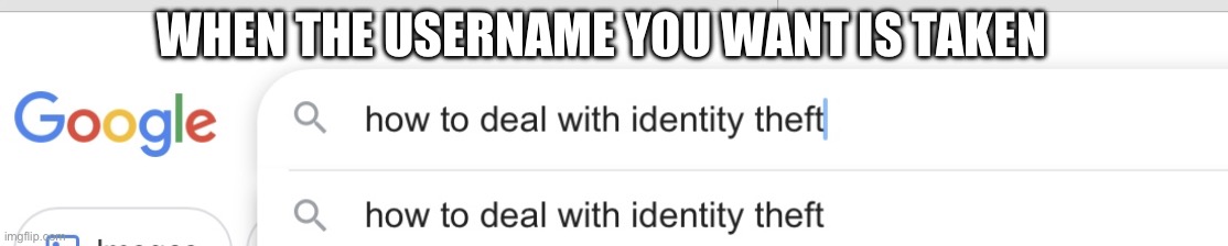 How to deal with identity theft google | WHEN THE USERNAME YOU WANT IS TAKEN | image tagged in how to deal with identity theft google | made w/ Imgflip meme maker