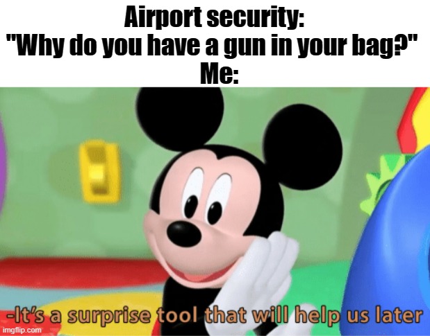 Its a suprise all right. | Airport security: "Why do you have a gun in your bag?" 
  Me: | image tagged in suprise,boi | made w/ Imgflip meme maker