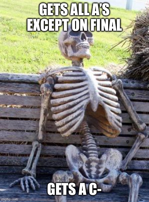 GETS ALL A’S EXCEPT ON FINAL GETS A C- | image tagged in memes,waiting skeleton | made w/ Imgflip meme maker