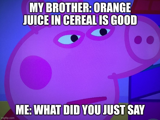 When the cereil is ungood | MY BROTHER: ORANGE JUICE IN CEREAL IS GOOD; ME: WHAT DID YOU JUST SAY | image tagged in what did you say peppa pig,cereal | made w/ Imgflip meme maker