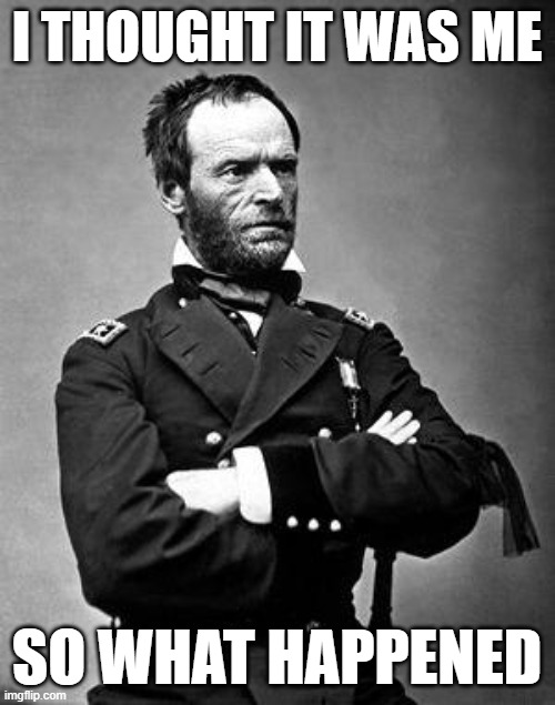 General Sherman | I THOUGHT IT WAS ME SO WHAT HAPPENED | image tagged in general sherman | made w/ Imgflip meme maker