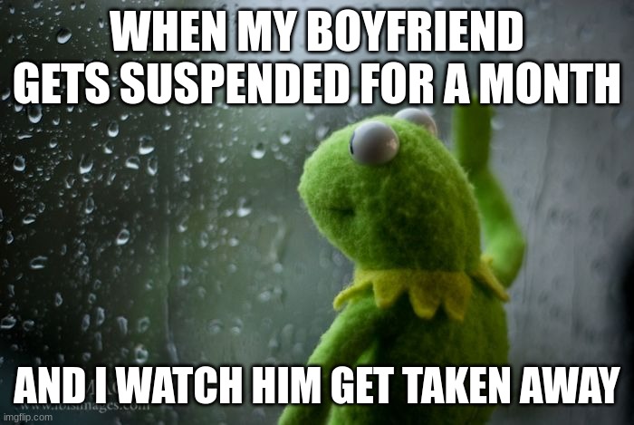 kermit window | WHEN MY BOYFRIEND GETS SUSPENDED FOR A MONTH; AND I WATCH HIM GET TAKEN AWAY | image tagged in kermit window | made w/ Imgflip meme maker