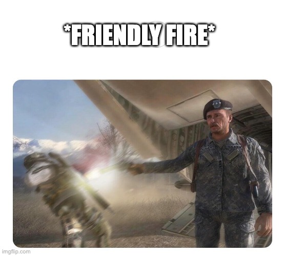 Friendly Fire | *FRIENDLY FIRE* | image tagged in friendly fire | made w/ Imgflip meme maker