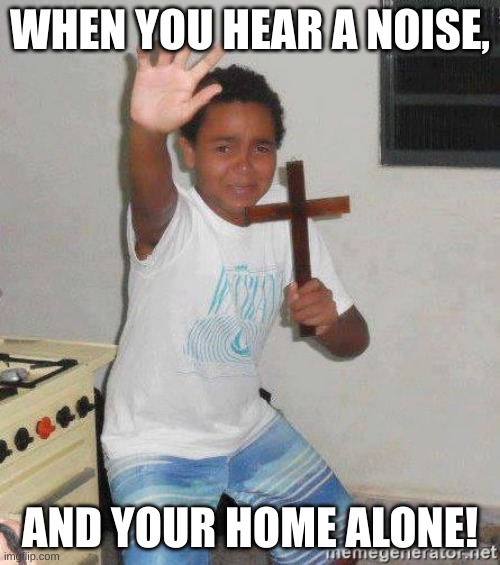 scared kid holding a cross | WHEN YOU HEAR A NOISE, AND YOUR HOME ALONE! | image tagged in scared kid holding a cross,prayer,funny memes,stay safe | made w/ Imgflip meme maker