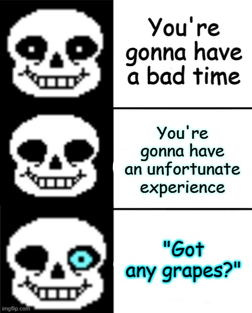 sans | You're gonna have a bad time You're gonna have an unfortunate experience "Got any grapes?" | image tagged in sans | made w/ Imgflip meme maker