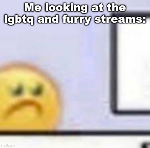Horny stream too | Me looking at the lgbtq and furry streams: | image tagged in sad emoji at computer | made w/ Imgflip meme maker