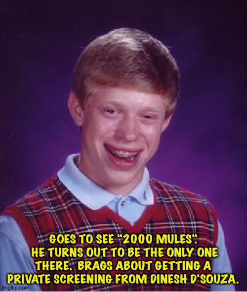 Bad Luck Brian | GOES TO SEE "2000 MULES".  HE TURNS OUT TO BE THE ONLY ONE THERE.  BRAGS ABOUT GETTING A PRIVATE SCREENING FROM DINESH D'SOUZA. | image tagged in memes,bad luck brian | made w/ Imgflip meme maker