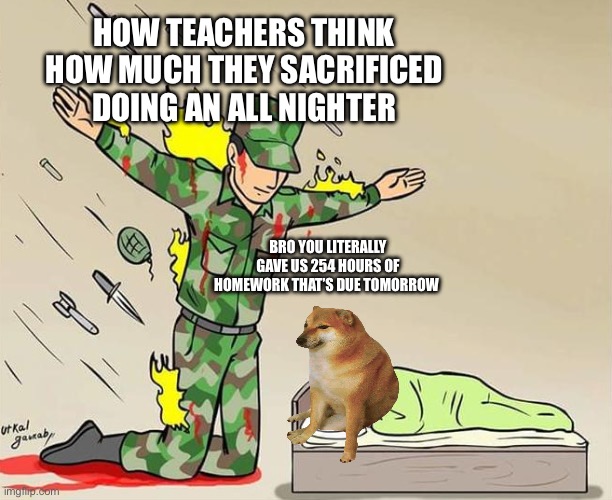 The Silent Protector | HOW TEACHERS THINK HOW MUCH THEY SACRIFICED DOING AN ALL NIGHTER; BRO YOU LITERALLY GAVE US 254 HOURS OF HOMEWORK THAT’S DUE TOMORROW | image tagged in the silent protector,fun,cheems | made w/ Imgflip meme maker