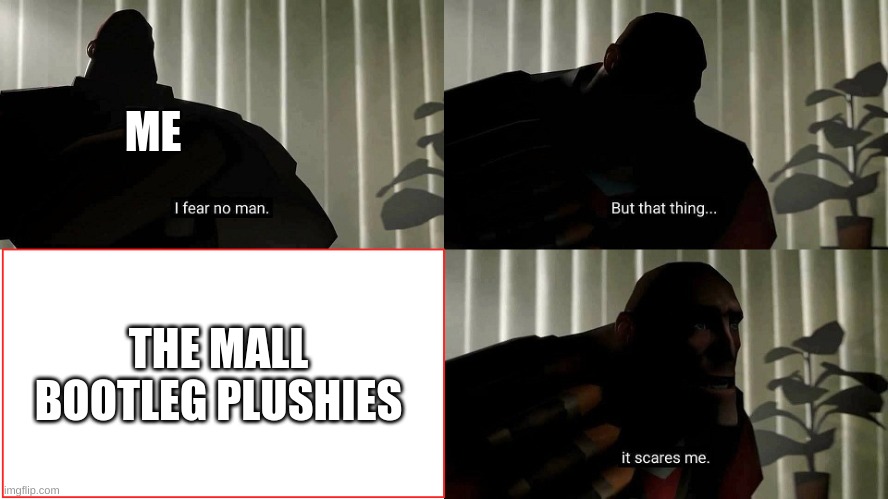yea true | ME; THE MALL BOOTLEG PLUSHIES | image tagged in tf2 heavy i fear no man | made w/ Imgflip meme maker