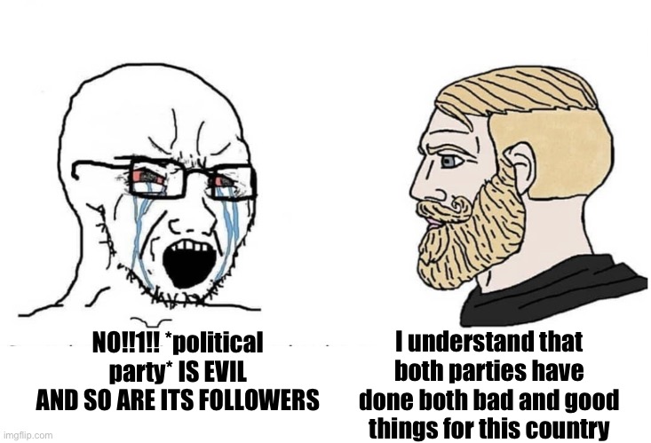 Politics | NO!!1!! *political party* IS EVIL AND SO ARE ITS FOLLOWERS; I understand that both parties have done both bad and good things for this country | image tagged in soyboy vs yes chad,democrats,republicans,politics | made w/ Imgflip meme maker