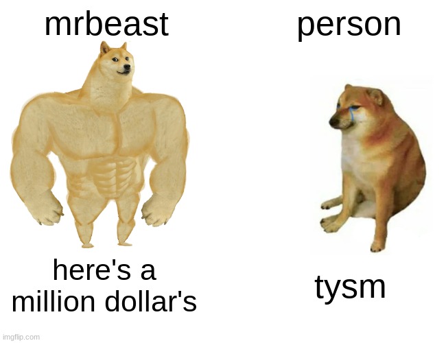 Buff Doge vs. Cheems Meme | mrbeast; person; here's a million dollar's; tysm | image tagged in memes,buff doge vs cheems | made w/ Imgflip meme maker