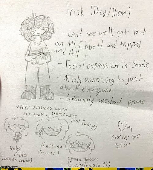 didn't have a better taken pic BUUUUT Frisk headcanon/design sheet | made w/ Imgflip meme maker