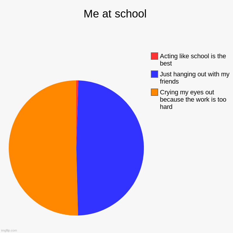 i know, it sucks | Me at school | Crying my eyes out because the work is too hard, Just hanging out with my friends, Acting like school is the best | image tagged in charts,pie charts | made w/ Imgflip chart maker