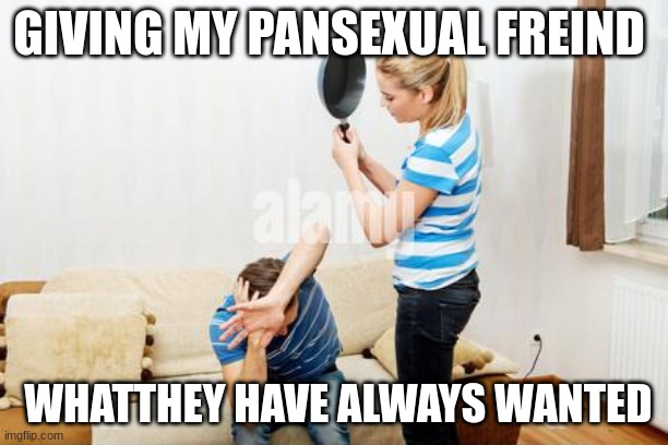 Pans | GIVING MY PANSEXUAL FREIND; WHATTHEY HAVE ALWAYS WANTED | image tagged in lgbtq,pan | made w/ Imgflip meme maker