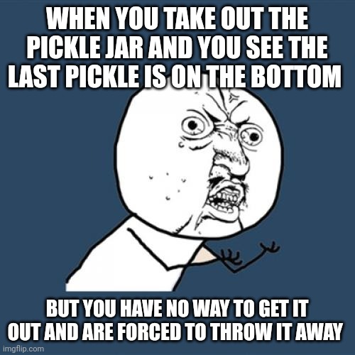 What a waste of a pickle | WHEN YOU TAKE OUT THE PICKLE JAR AND YOU SEE THE LAST PICKLE IS ON THE BOTTOM; BUT YOU HAVE NO WAY TO GET IT OUT AND ARE FORCED TO THROW IT AWAY | image tagged in memes,y u no | made w/ Imgflip meme maker