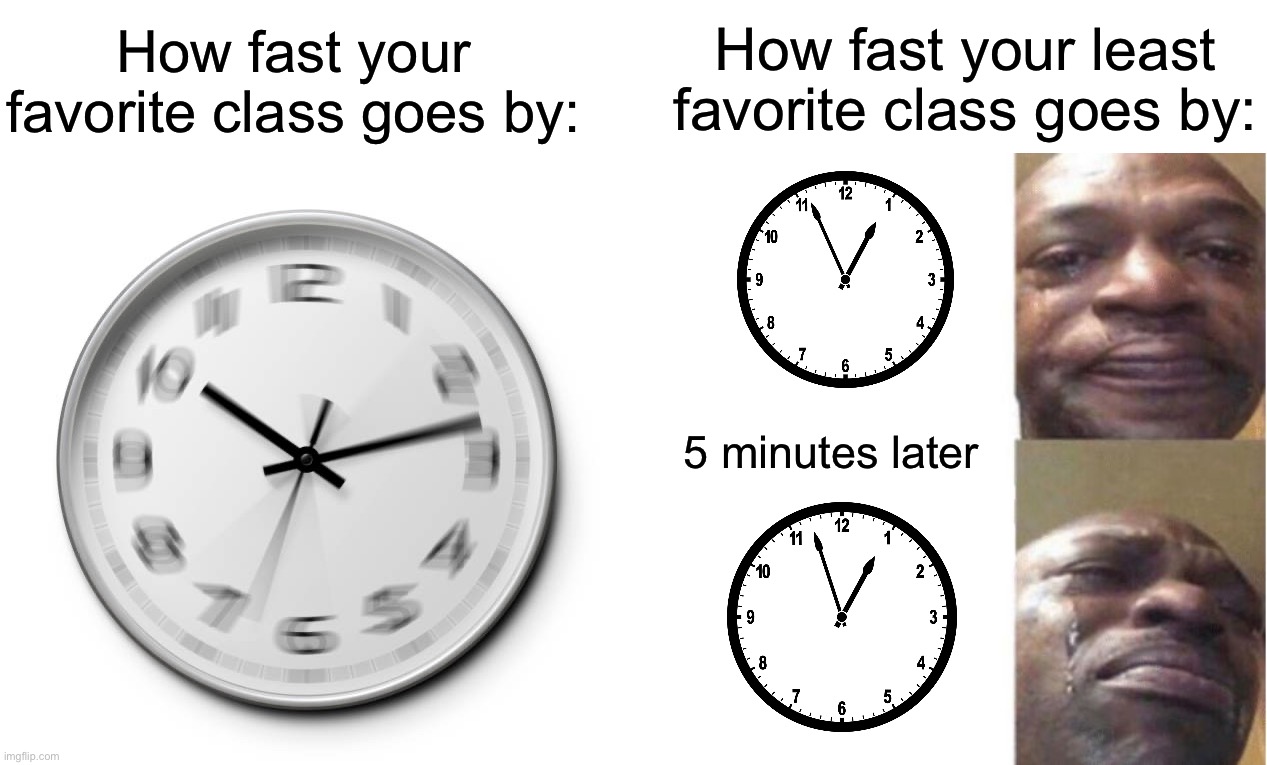 It goes by so slowly! | How fast your least favorite class goes by:; How fast your favorite class goes by:; 5 minutes later | image tagged in black guy crying,memes,funny,true story,relatable memes,school | made w/ Imgflip meme maker