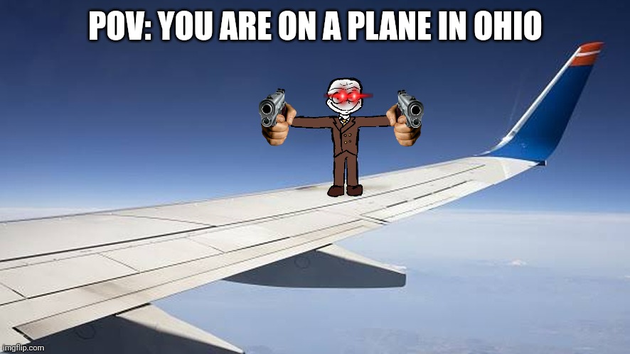 POV: Ohio plane | POV: YOU ARE ON A PLANE IN OHIO | image tagged in mr t at a plane wing,ohio,plane,pov,only in ohio,you have been eternally cursed for reading the tags | made w/ Imgflip meme maker