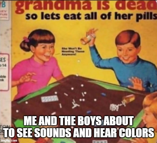fr | ME AND THE BOYS ABOUT TO SEE SOUNDS AND HEAR COLORS | image tagged in grandma is dead so let's eat all of her pills,drugs,see sounds,hear colors | made w/ Imgflip meme maker