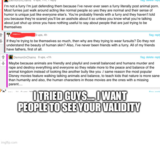 Tried to defend this community | I TRIED GUYS.... I WANT PEOPLE TO SEE YOUR VALIDITY | image tagged in blank white template,support furries,furries | made w/ Imgflip meme maker
