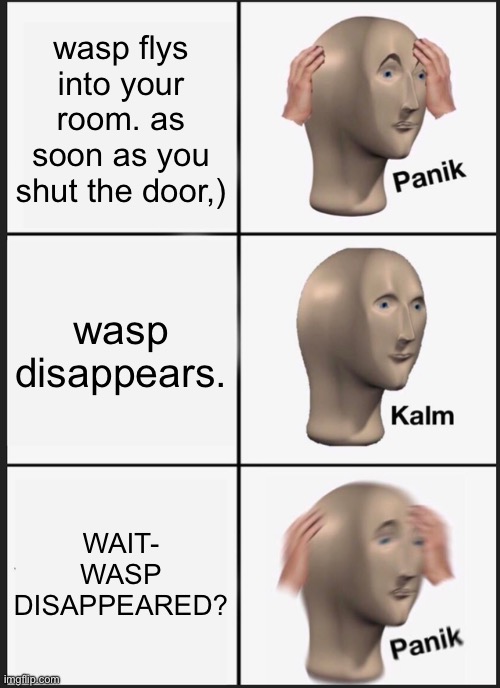 Panik Kalm Panik Meme | wasp flys into your room. as soon as you shut the door,); wasp disappears. WAIT- WASP DISAPPEARED? | image tagged in memes,panik kalm panik | made w/ Imgflip meme maker