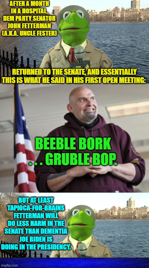 Leftism . . . the glory of low expectations DIVERSITY HIRES. | AFTER A MONTH IN A HOSPITAL, DEM PARTY SENATOR JOHN FETTERMAN (A.K.A. UNCLE FESTER); RETURNED TO THE SENATE, AND ESSENTIALLY THIS IS WHAT HE SAID IN HIS FIRST OPEN MEETING:; BEEBLE BORK . . . GRUBLE BOP. BUT AT LEAST TAPIOCA-FOR-BRAINS FETTERMAN WILL DO LESS HARM IN THE SENATE THAN DEMENTIA JOE BIDEN IS DOING IN THE PRESIDENCY. | image tagged in kermit news report | made w/ Imgflip meme maker