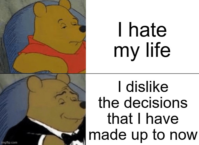 I hate my life? | I hate my life; I dislike the decisions that I have made up to now | image tagged in memes,tuxedo winnie the pooh | made w/ Imgflip meme maker