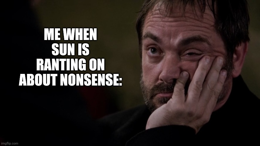 Crowley annoyed supernatural | ME WHEN SUN IS RANTING ON ABOUT NONSENSE: | image tagged in crowley annoyed supernatural,sun and moon show | made w/ Imgflip meme maker