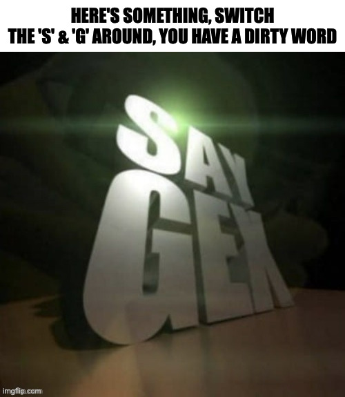 say gex | HERE'S SOMETHING, SWITCH
THE 'S' & 'G' AROUND, YOU HAVE A DIRTY WORD | image tagged in say gex,memes,meme,funny,fun,blow my mind | made w/ Imgflip meme maker