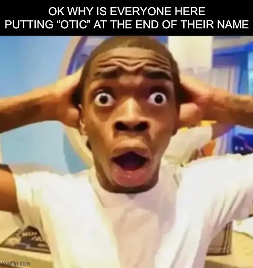 is it a cult or something | OK WHY IS EVERYONE HERE PUTTING “OTIC” AT THE END OF THEIR NAME | image tagged in surprised black guy | made w/ Imgflip meme maker