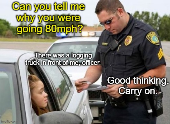 IYKYK | Can you tell me 
why you were 
going 80mph? There was a logging truck in front of me, officer. Good thinking. Carry on. | image tagged in traffic cop | made w/ Imgflip meme maker