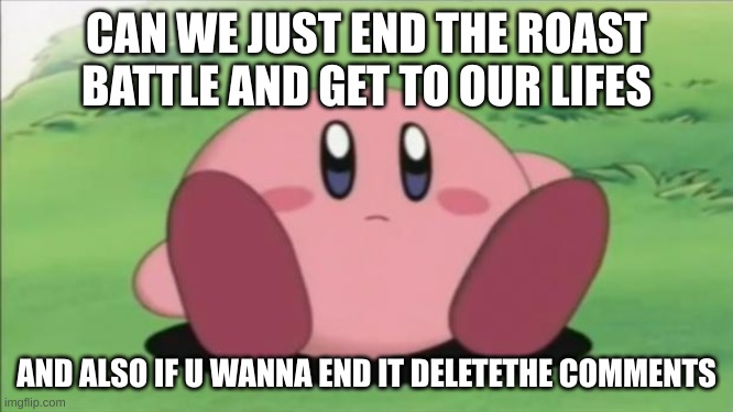 kirby | CAN WE JUST END THE ROAST BATTLE AND GET TO OUR LIFES AND ALSO IF U WANNA END IT DELETE THE COMMENTS | image tagged in kirby | made w/ Imgflip meme maker